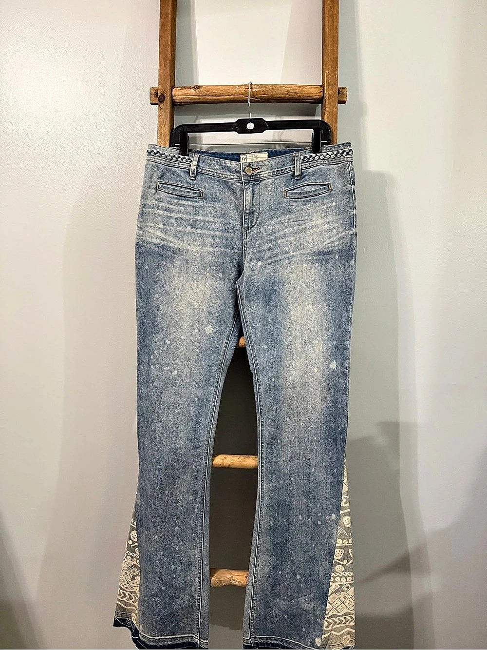 Free People We The Free Mermaid Flare Jeans 31 Braided Waist Boho Print Panels